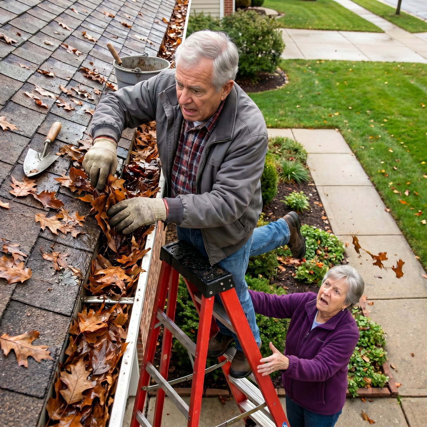 An older homeowner balanced on a red ladder cleaning leaves from a clogged gutter while a worried spouse steadies the ladder below.