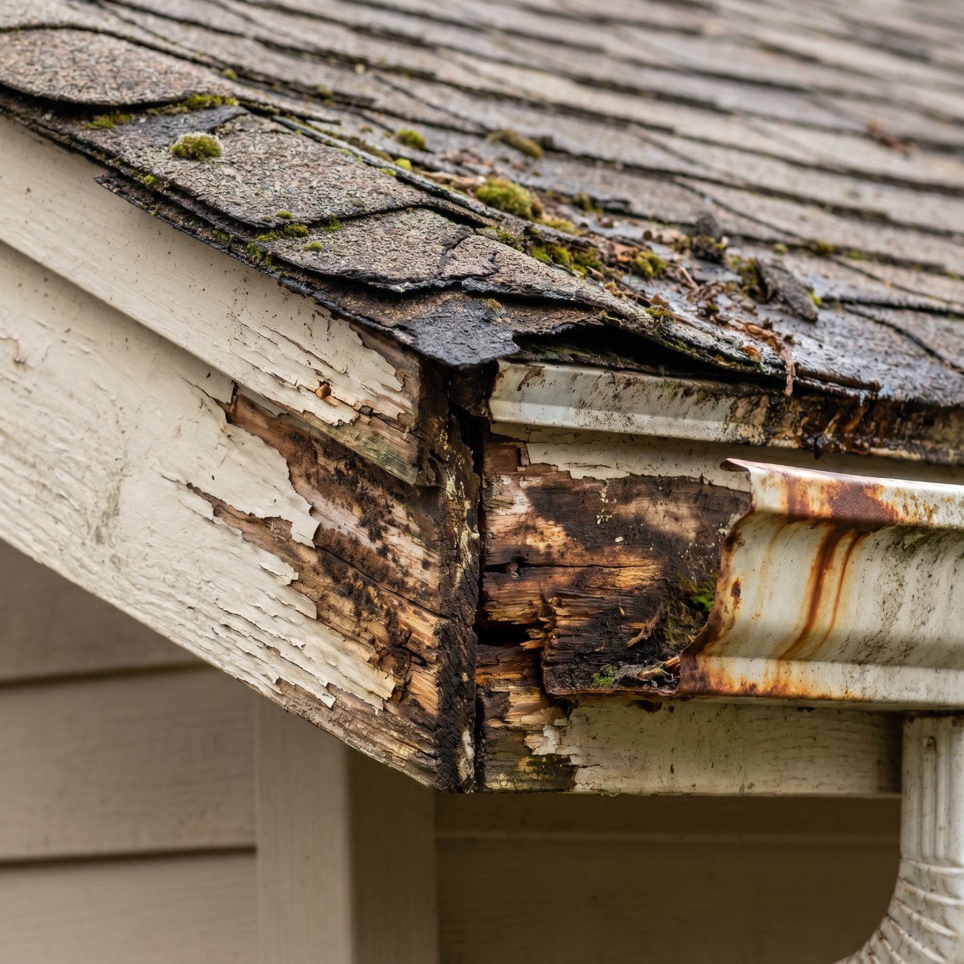 Close-up of severely rotted fascia board and roof edge with peeling paint, exposed wood, and a rust-stained gutter.