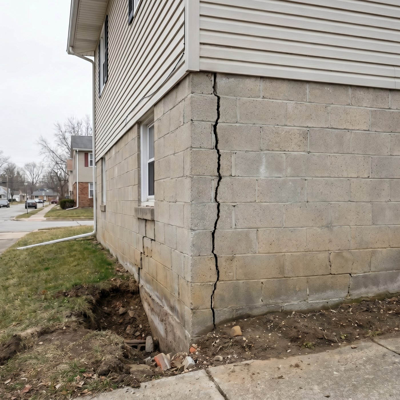 Cracked concrete block foundation at the corner of a suburban home with eroded soil and missing downspout drainage.