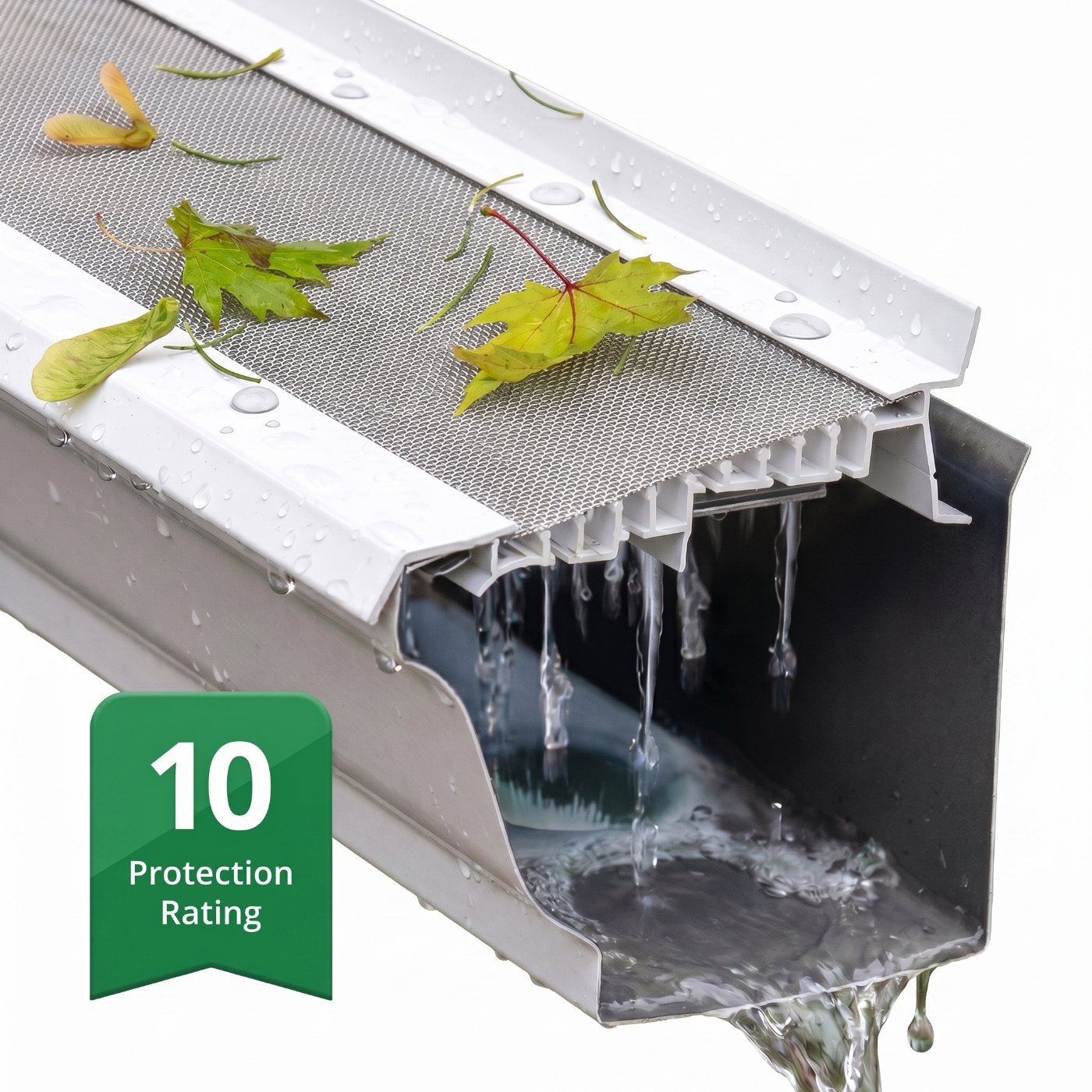 Cross-section of the Home Pros USA micromesh gutter guard system showing leaves repelled on top while water flows freely into the gutter below, with a 10/10 Protection Rating badge.